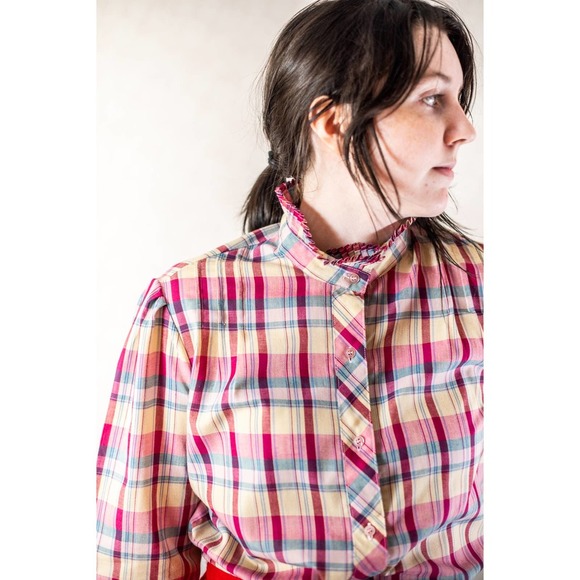 Vintage 70s Cottagecore Prairie Plaid Western Button Down Shirt, High Neck, Med​ - Picture 4 of 9
